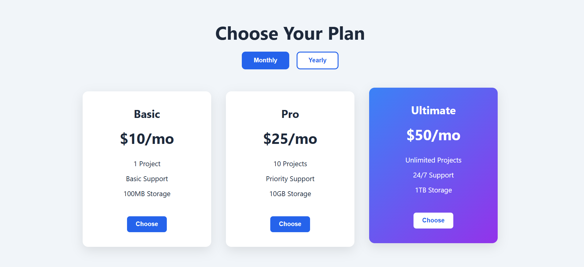 Pricing Cards Screenshot